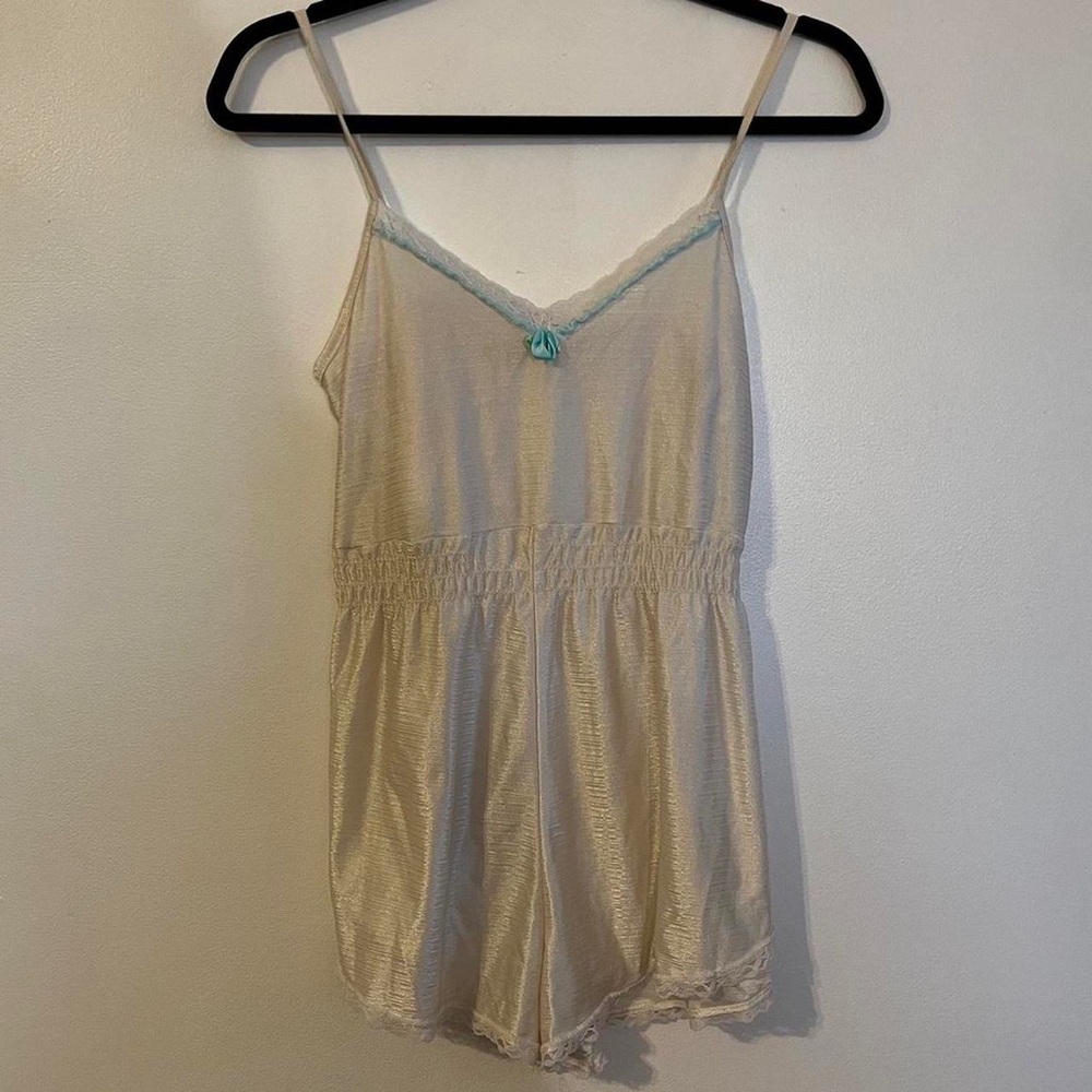 cream & blue vintage sleepwear romper with light blue details